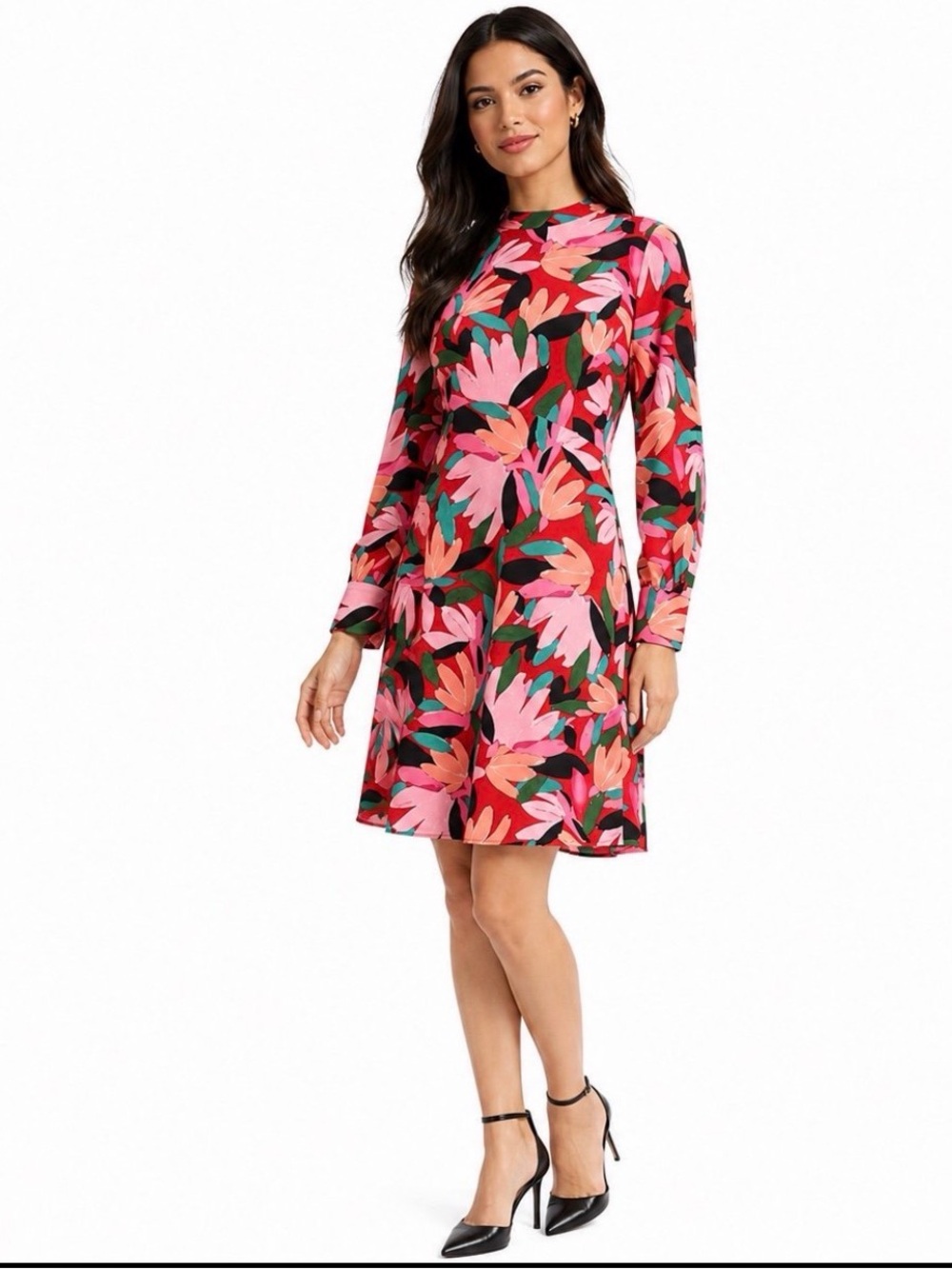 Donna Morgan Floral A-Line Dress Size 10 Pink Long Sleeve Career Wedding NWT